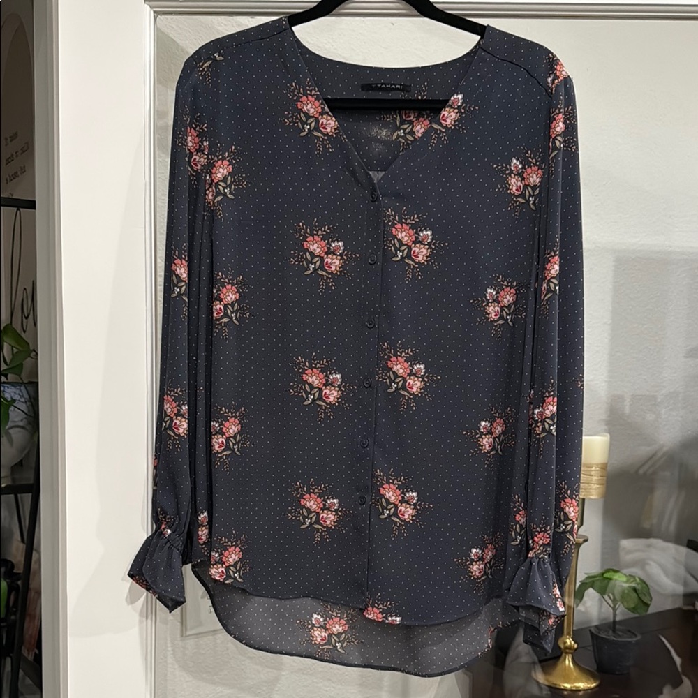 Floral and Polka Dot Navy Gray Blouse Tahari